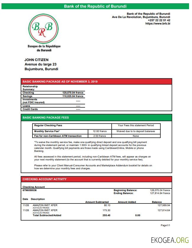 Relevé bancaire de la Banque du Burundi de la République du Burundi